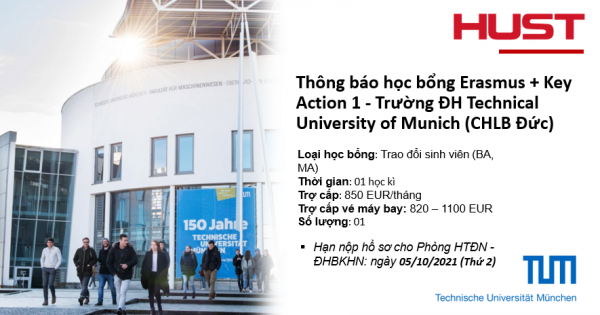 Thông báo học bổng Erasmus + Key Action 1  Trường ĐH Technical University of Munich (CHLB Đức)