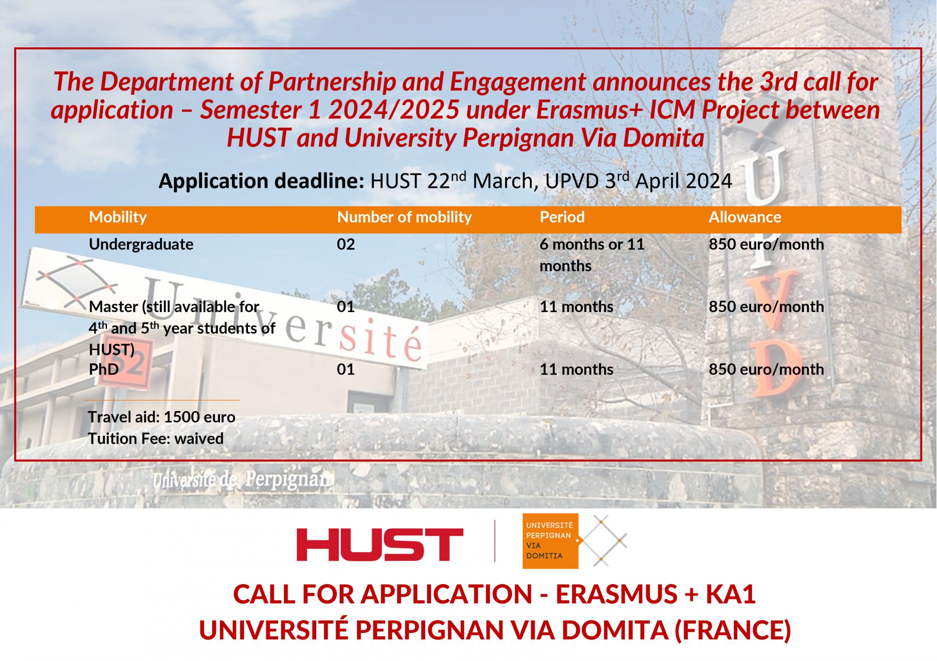 CALL FOR APPLICATION - ERASMUS + KA1 UNIVERSITÉ PERPIGNAN VIA DOMITA (FRANCE)