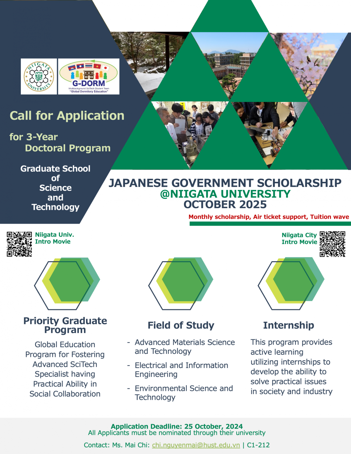 Call for applicant for Scholarship of Doctoral Degree at the Graduate School of Science and Technology, Niigata University, Japan