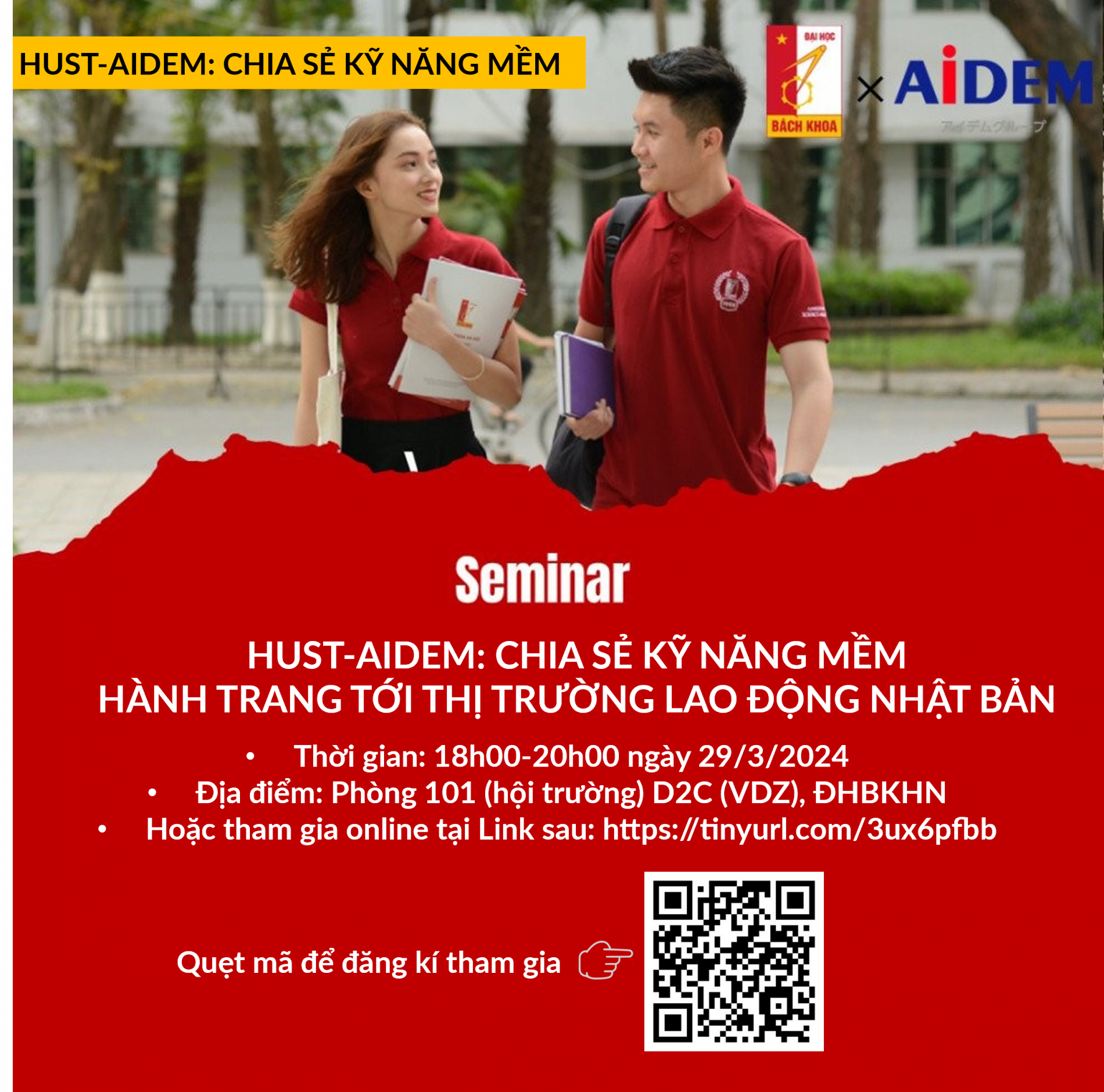 Mời Đăng Ký Tham Dự Seminar HUST-Aidem: Chia Sẻ Kỹ Năng Mềm - Hành Trang Tới Thị Trường Lao Động Nhật Bản